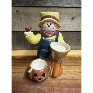 Crazy Mountain Halloween Scarecrow Jack-O-Lantern 3 Cup Tea Light Holder 7”
